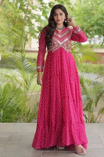 bandhani print faux georgette gown with kutchi patch work  12 meter flair  full sleeves  navratri & garba wear 