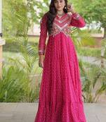 bandhani print faux georgette gown with kutchi patch work  12 meter flair  full sleeves  navratri & garba wear 