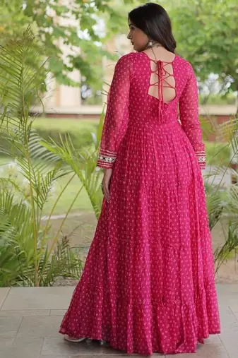 bandhani print faux georgette gown with kutchi patch work  12 meter flair  full sleeves  navratri & garba wear 
