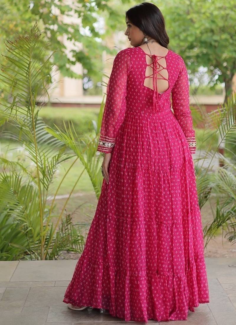 bandhani print faux georgette gown with kutchi patch work  12 meter flair  full sleeves  navratri & garba wear 
