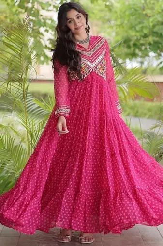 bandhani print faux georgette gown with kutchi patch work  12 meter flair  full sleeves  navratri & garba wear 