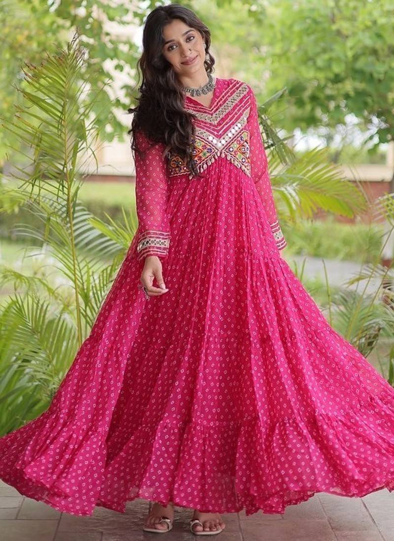 bandhani print faux georgette gown with kutchi patch work  12 meter flair  full sleeves  navratri & garba wear 