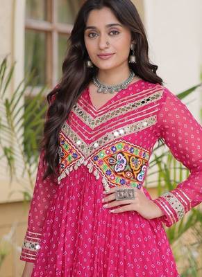 bandhani print faux georgette gown with kutchi patch work  12 meter flair  full sleeves  navratri & garba wear  4