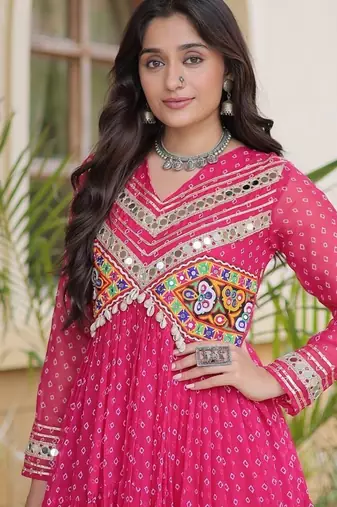 bandhani print faux georgette gown with kutchi patch work  12 meter flair  full sleeves  navratri & garba wear 