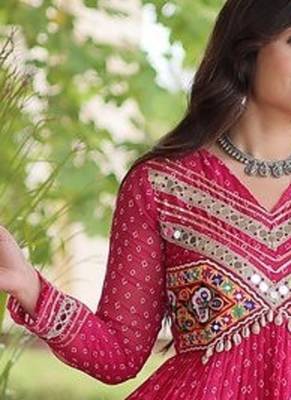 bandhani print faux georgette gown with kutchi patch work  12 meter flair  full sleeves  navratri & garba wear  5