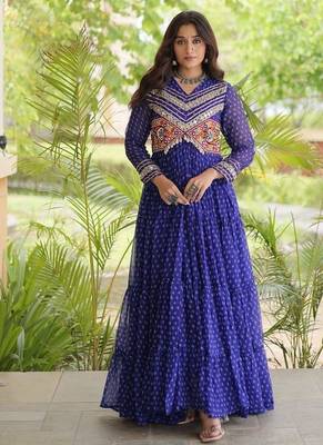 bandhani print faux georgette gown with kutchi patch work  12 meter flair  full sleeves  navratri & garba wear  1