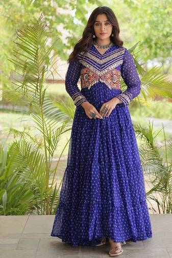 bandhani print faux georgette gown with kutchi patch work  12 meter flair  full sleeves  navratri & garba wear 