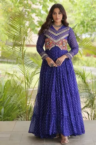 bandhani print faux georgette gown with kutchi patch work  12 meter flair  full sleeves  navratri & garba wear 
