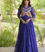 bandhani print faux georgette gown with kutchi patch work  12 meter flair  full sleeves  navratri & garba wear 