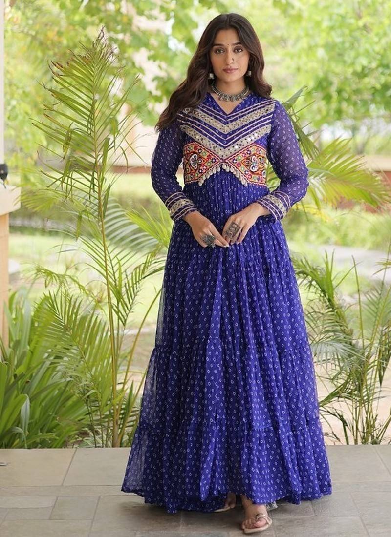 bandhani print faux georgette gown with kutchi patch work  12 meter flair  full sleeves  navratri & garba wear 