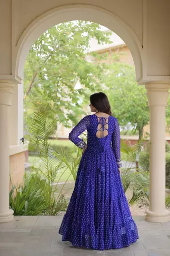 bandhani print faux georgette gown with kutchi patch work  12 meter flair  full sleeves  navratri & garba wear 