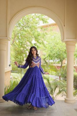 bandhani print faux georgette gown with kutchi patch work  12 meter flair  full sleeves  navratri & garba wear  3