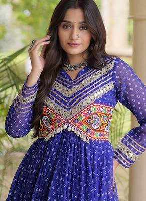 bandhani print faux georgette gown with kutchi patch work  12 meter flair  full sleeves  navratri & garba wear  4