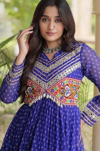 bandhani print faux georgette gown with kutchi patch work  12 meter flair  full sleeves  navratri & garba wear 