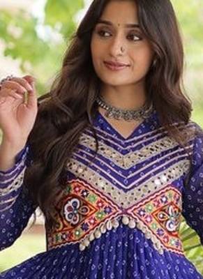 bandhani print faux georgette gown with kutchi patch work  12 meter flair  full sleeves  navratri & garba wear  5