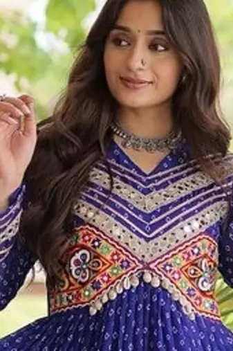 bandhani print faux georgette gown with kutchi patch work  12 meter flair  full sleeves  navratri & garba wear 