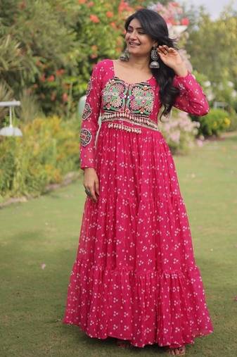 faux georgette bandhani print gown with kutchi patch work  12 meter flair full sleeves navratri festive gown 