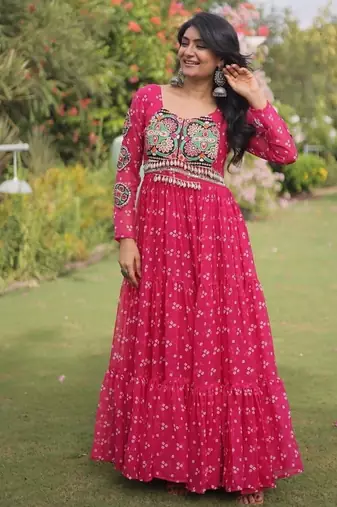 faux georgette bandhani print gown with kutchi patch work  12 meter flair full sleeves navratri festive gown 