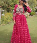 faux georgette bandhani print gown with kutchi patch work  12 meter flair full sleeves navratri festive gown 
