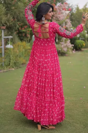 faux georgette bandhani print gown with kutchi patch work  12 meter flair full sleeves navratri festive gown 