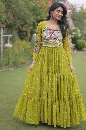 faux georgette bandhani print gown with kutchi patch work  12 meter flair full sleeves navratri festive gown 