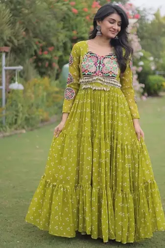 faux georgette bandhani print gown with kutchi patch work  12 meter flair full sleeves navratri festive gown 