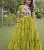 faux georgette bandhani print gown with kutchi patch work  12 meter flair full sleeves navratri festive gown 