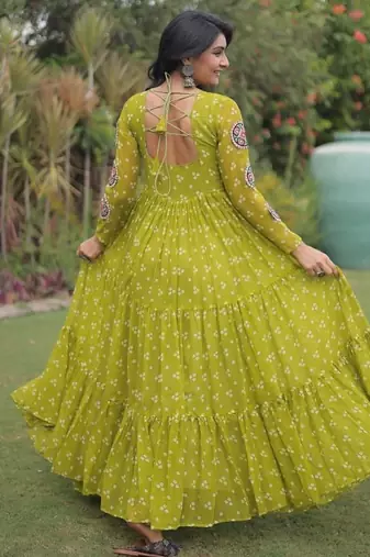 faux georgette bandhani print gown with kutchi patch work  12 meter flair full sleeves navratri festive gown 
