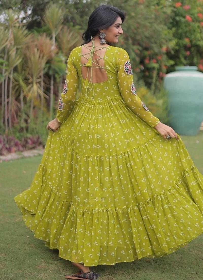 faux georgette bandhani print gown with kutchi patch work  12 meter flair full sleeves navratri festive gown 