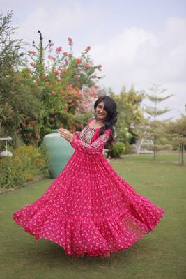 faux georgette bandhani print gown with kutchi patch work  12 meter flair full sleeves navratri festive gown  3