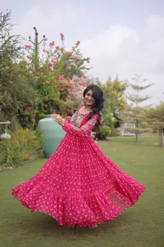 faux georgette bandhani print gown with kutchi patch work  12 meter flair full sleeves navratri festive gown 