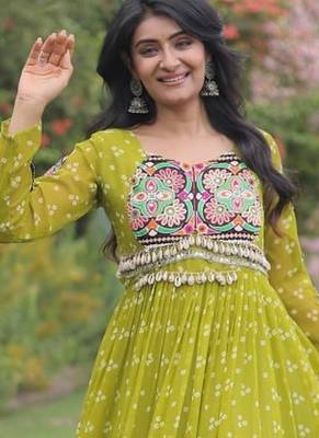 faux georgette bandhani print gown with kutchi patch work  12 meter flair full sleeves navratri festive gown  3