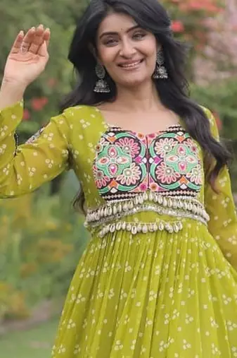 faux georgette bandhani print gown with kutchi patch work  12 meter flair full sleeves navratri festive gown 