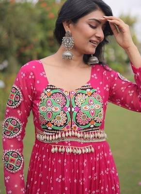 faux georgette bandhani print gown with kutchi patch work  12 meter flair full sleeves navratri festive gown  4