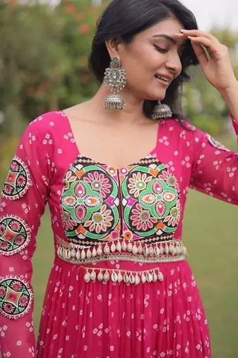 faux georgette bandhani print gown with kutchi patch work  12 meter flair full sleeves navratri festive gown 