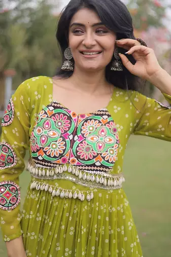 faux georgette bandhani print gown with kutchi patch work  12 meter flair full sleeves navratri festive gown 