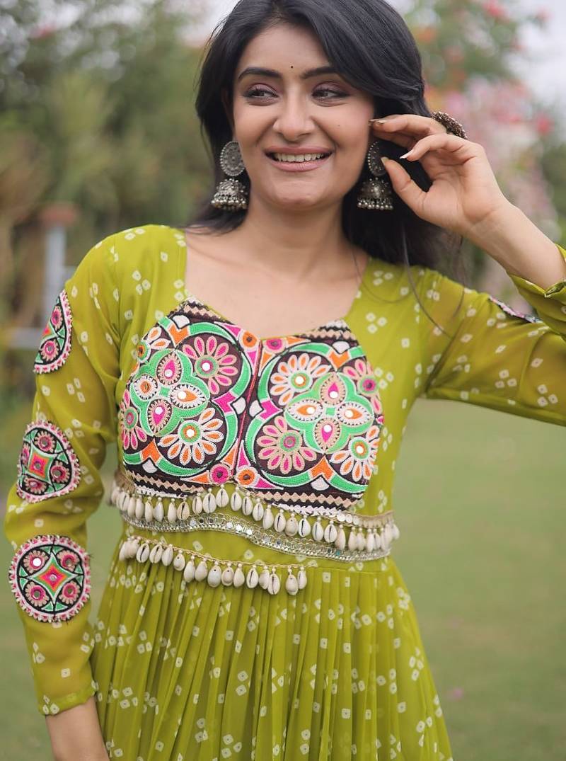faux georgette bandhani print gown with kutchi patch work  12 meter flair full sleeves navratri festive gown 