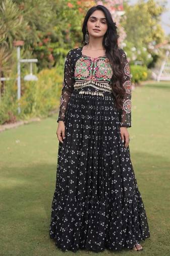 faux georgette bandhani print gown with kutchi patch work  12 meter flair full sleeves navratri festive gown 
