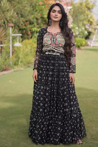faux georgette bandhani print gown with kutchi patch work  12 meter flair full sleeves navratri festive gown 