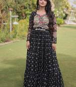 faux georgette bandhani print gown with kutchi patch work  12 meter flair full sleeves navratri festive gown 