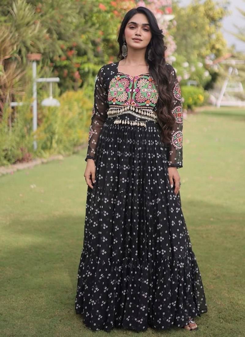 faux georgette bandhani print gown with kutchi patch work  12 meter flair full sleeves navratri festive gown 