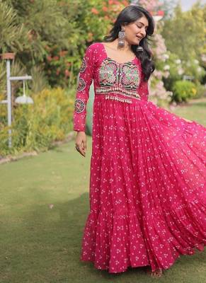 faux georgette bandhani print gown with kutchi patch work  12 meter flair full sleeves navratri festive gown  5