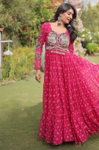 faux georgette bandhani print gown with kutchi patch work  12 meter flair full sleeves navratri festive gown 