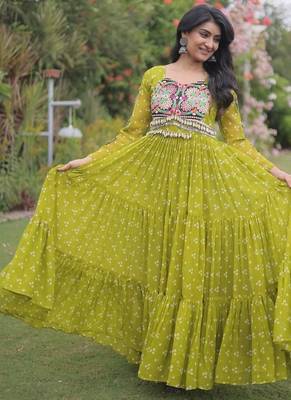 faux georgette bandhani print gown with kutchi patch work  12 meter flair full sleeves navratri festive gown  5