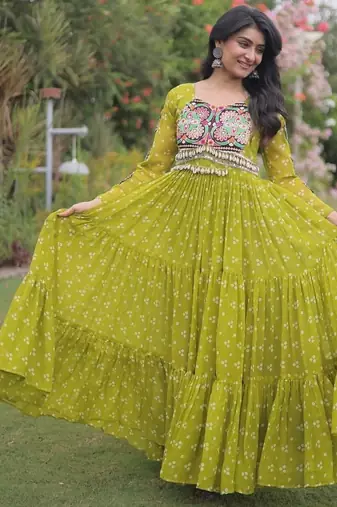faux georgette bandhani print gown with kutchi patch work  12 meter flair full sleeves navratri festive gown 