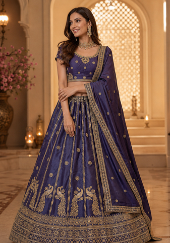 Royal Blue color Sequins and Zari Embroidery and Thread work silk blend Lehenga Choli set