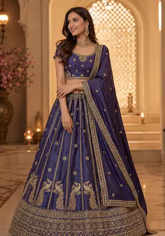 Royal Blue color Sequins and Zari Embroidery and Thread work silk blend Lehenga Choli set