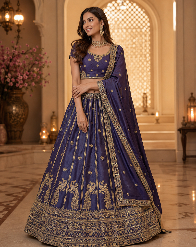 Royal Blue color Sequins and Zari Embroidery and Thread work silk blend Lehenga Choli set