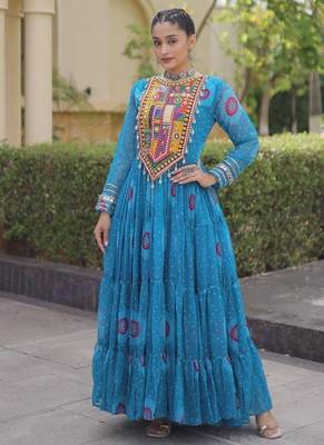 faux georgette bandhani printed gown with kutchi patch work  12 meter flair full sleeves festive ethnic gown  1