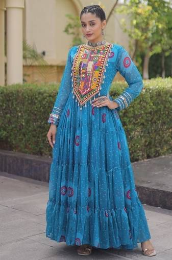 faux georgette bandhani printed gown with kutchi patch work  12 meter flair full sleeves festive ethnic gown 